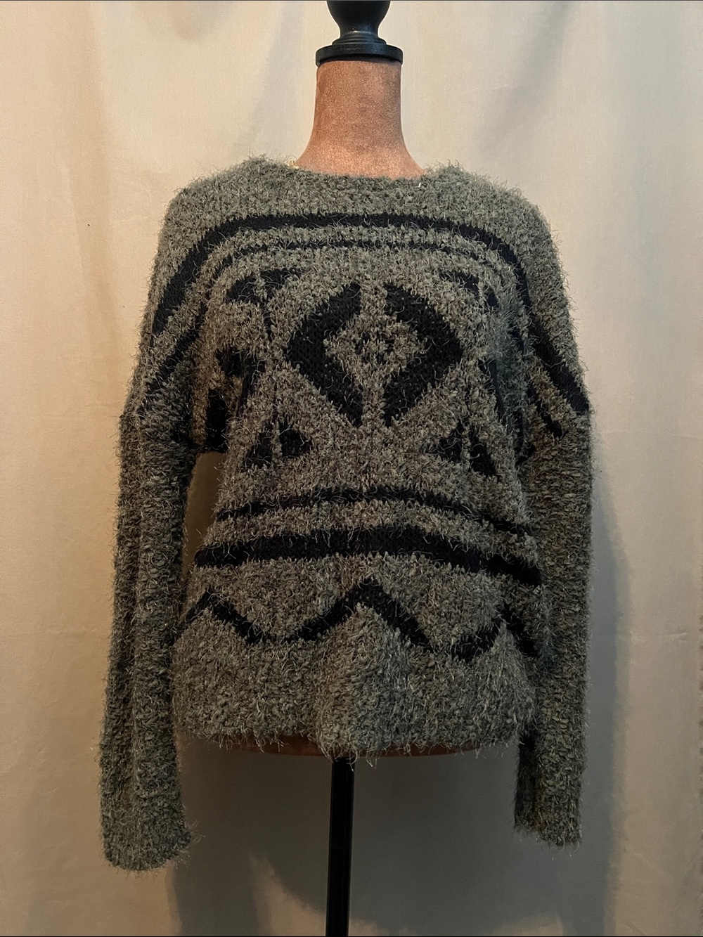 Moral Fiber Olive Gray Fuzzy Knit Crewneck Sweater with Black Pattern - Picture 2 of 9